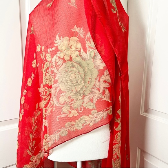 Red & Gold Floral Sari-Inspired Shawl – Boho Luxe Wrap Bollywood Festival Scarf - Picture 2 of 5
